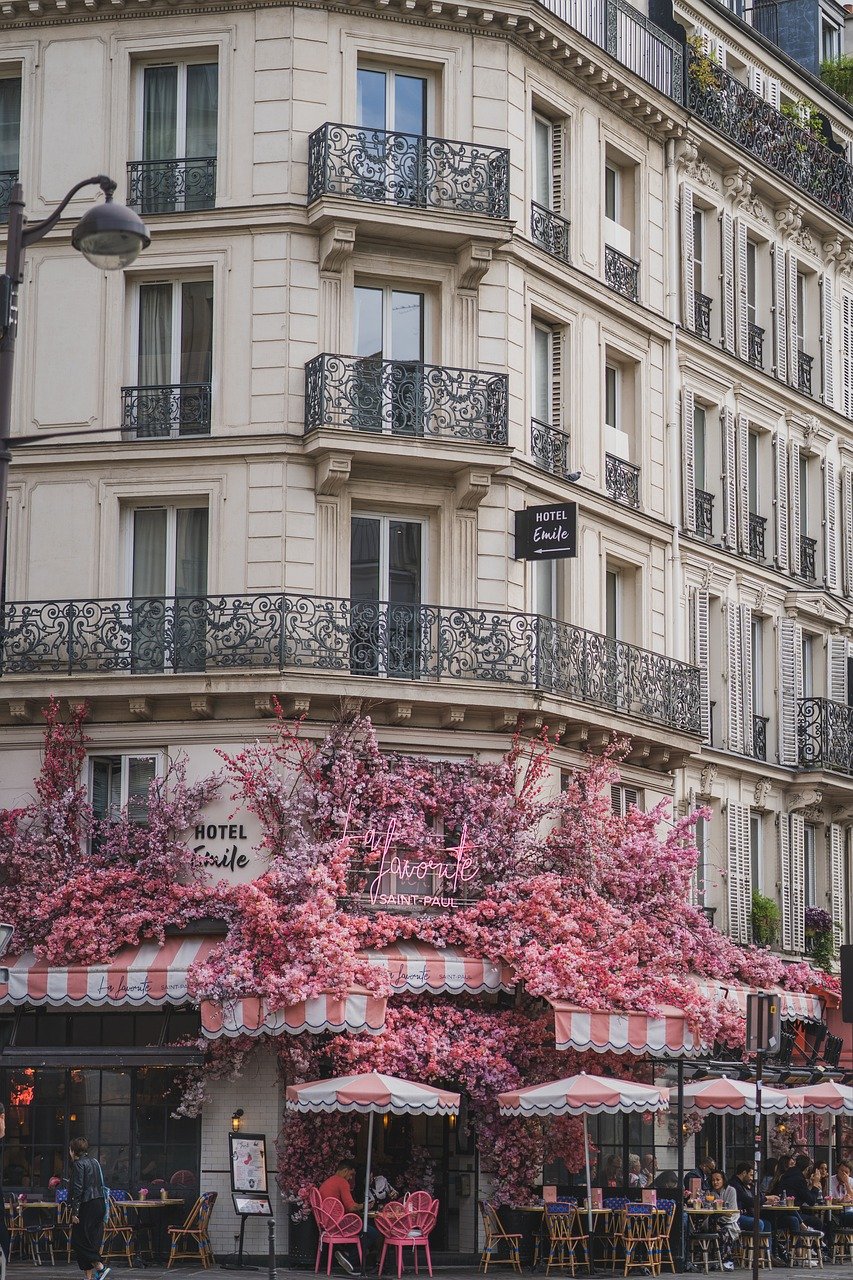 facade, building, architecture, balconies, outdoor, urban, house, city, coffee shop, cityscape, paris